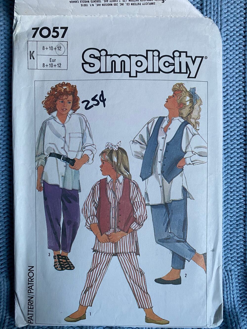 Simplicity 7057 pattern girls oversized shirt vest pants 1980s size 8 10 12
